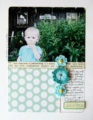 how to use crochet flowers on your scrapbook page;crochet flower scrapbook layouts; crochet flower page inspiration; using crochet flowers on layouts; yarn flower scrapbook embellishments; document memories using crochet flowers;