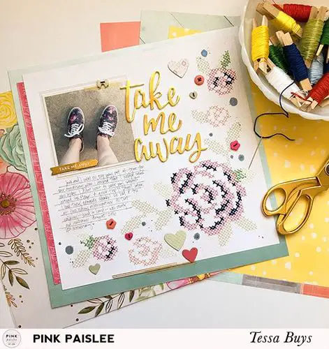 how to use embroidery and stitching on your scrapbook page; embroidery and stitching scrapbook layouts;