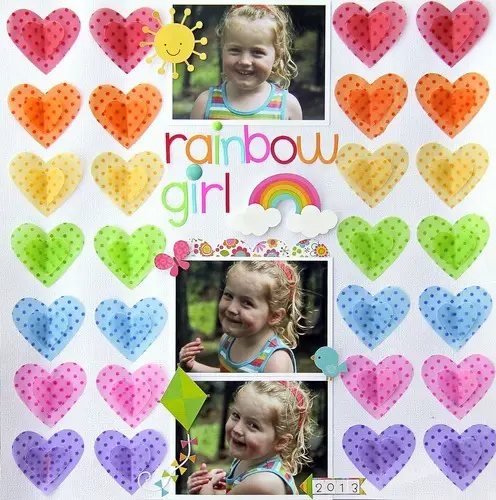 how to use rainbow colors on your scrapbook page; rainbow colors scrapbook layouts; rainbow colors page inspiration; using rainbow colors on layouts;